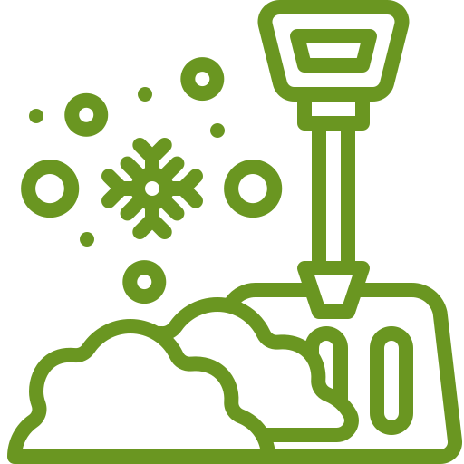 Snow shovel icon with snowflakes and snow piles, representing McIsaac Lawncare's winter snow removal services for safe and accessible properties.