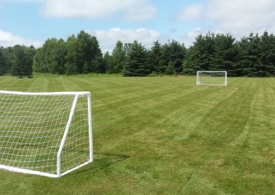 Soccer goals on a well-maintained lawn, showcasing quality landscaping and open outdoor space for recreational activities.