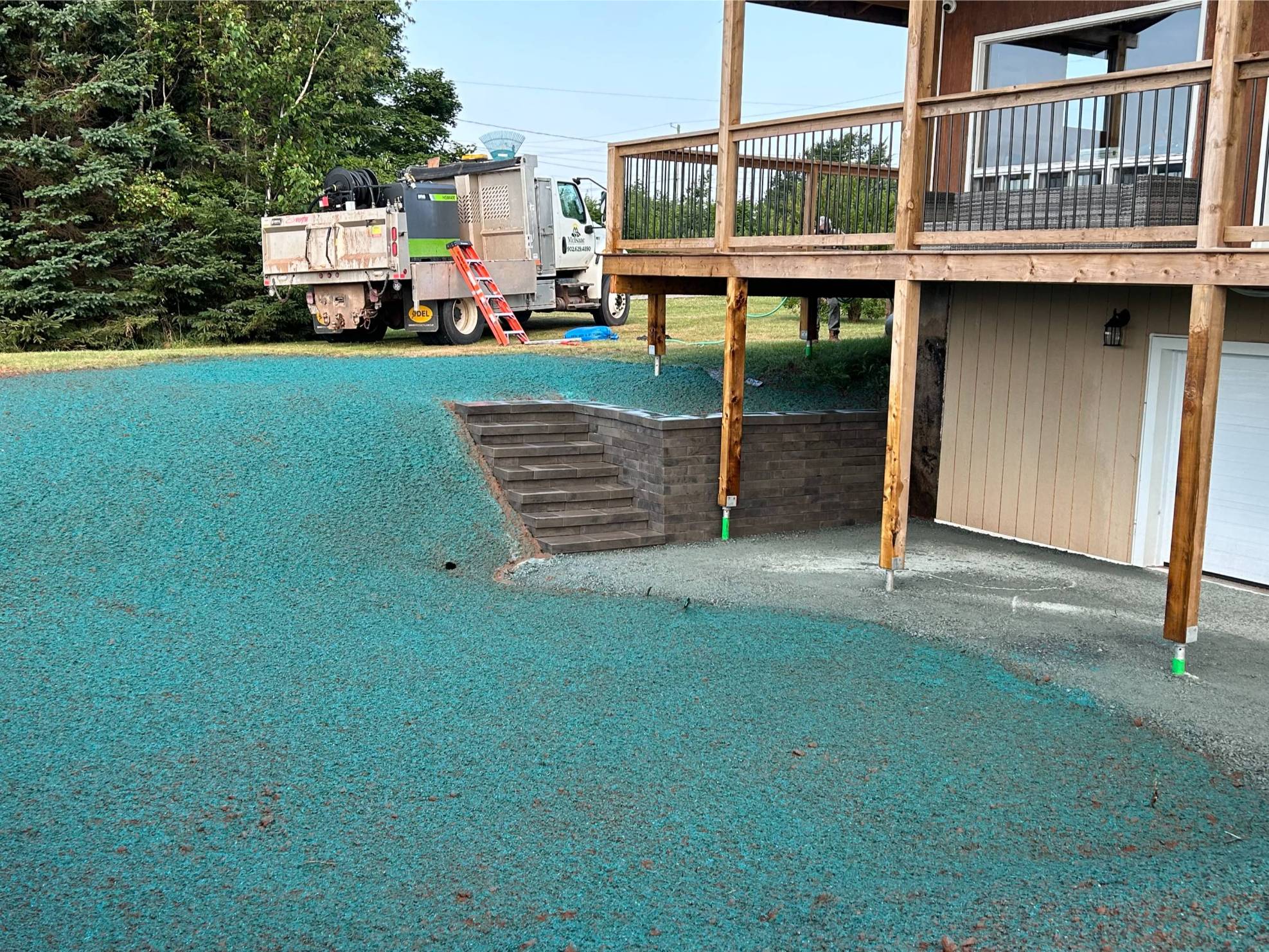 Hydroseeded lawn area with vibrant blue mulch, stairs leading to a deck, landscaping truck in background, and surrounding trees.