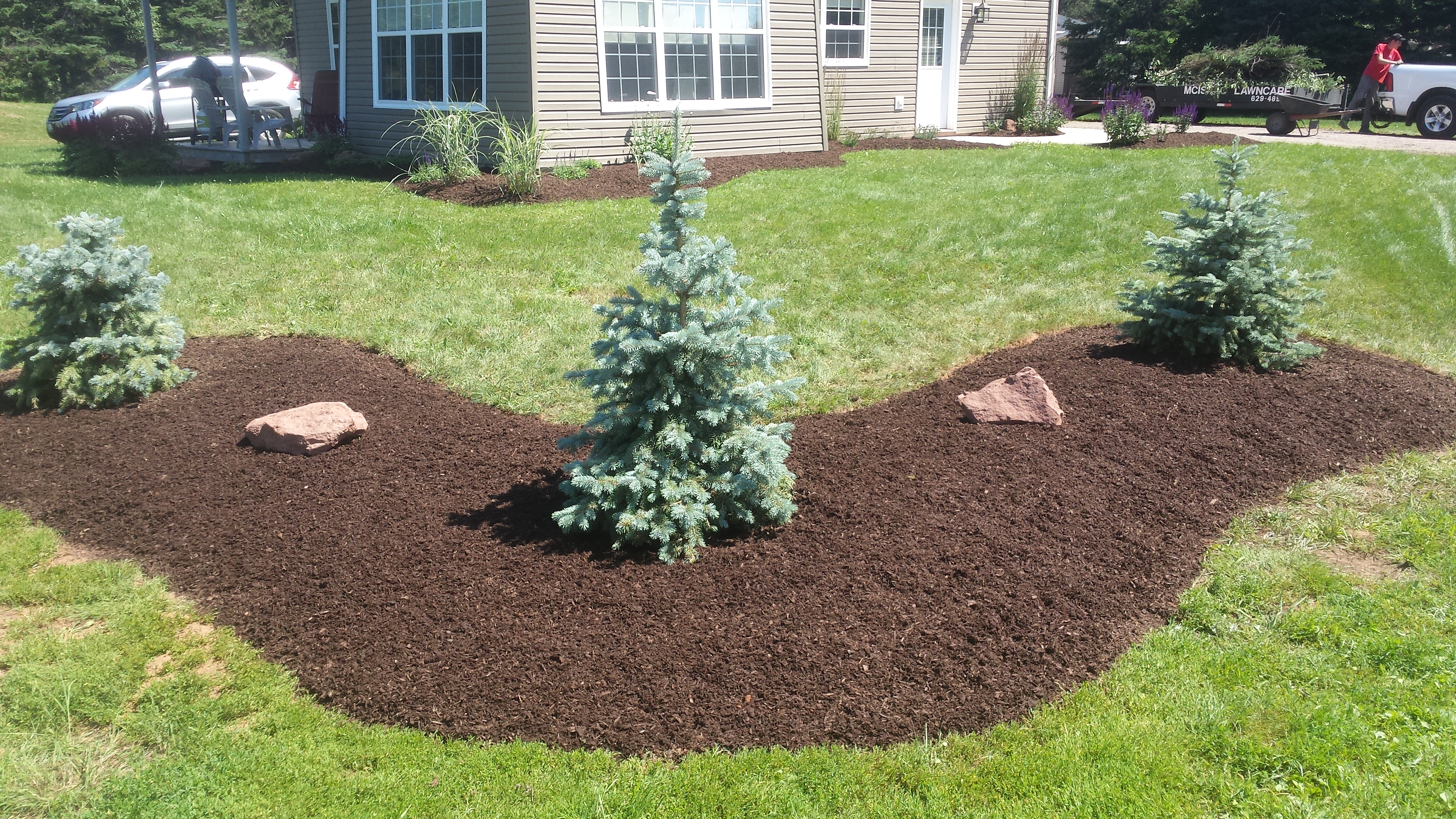 Lush green lawn with expertly mulched flower beds featuring evergreen trees and decorative rocks, illustrating professional yard preparation by McIsaac Lawncare & Landscaping.
