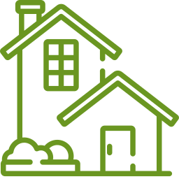 Stylized green house icon representing outdoor living spaces and landscaping services offered by McIsaac Lawncare, emphasizing home enhancement and property value.