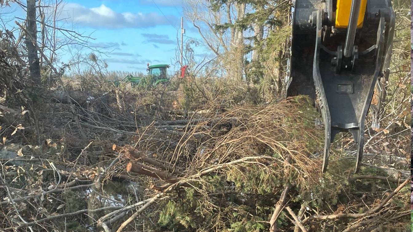 Lot clearing process with heavy machinery removing fallen branches and debris, preparing land for construction or landscaping projects.